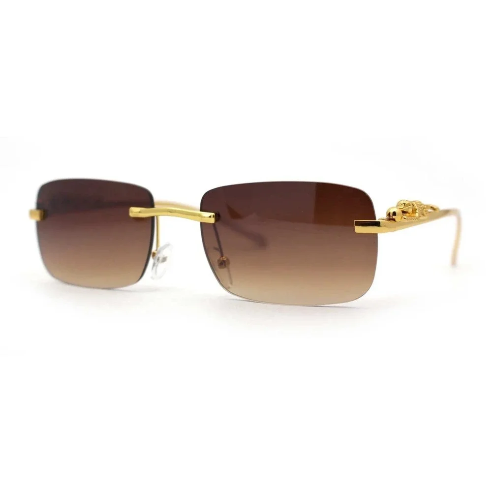 Men Rimless Brown Lens Gold Sunglasses Metal Leopard Sophisticated Hip Hop Style